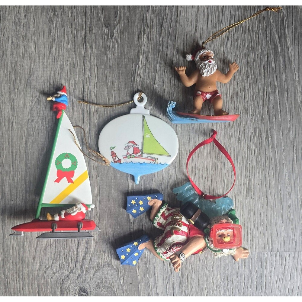 4 Santa Christmas Ornaments Surfing Sailing Snorkeling Nautical Coastal
